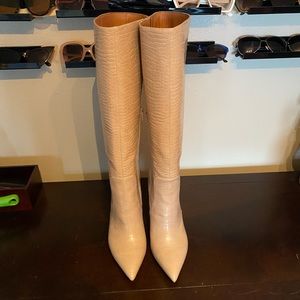 Knee high, faux alligator heeled boots